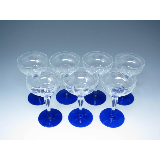 Art Deco Vintage 1930s Weston Cut Glass Liquor Cocktail Goblets With Floral Design and Cobalt Foot - 7 Pieces For Sale - Image 3 of 13