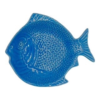 1980s Vintage Bordallo Pinheiro Blue Ceramic Fish Serving Bowl Dish, Portugal For Sale