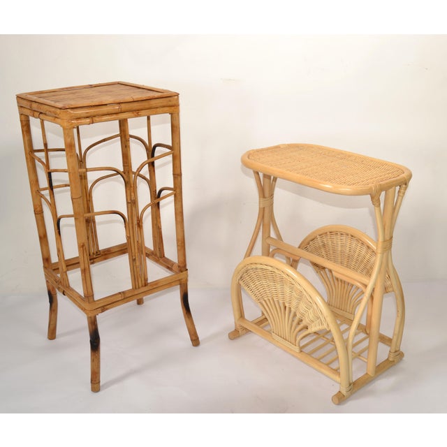 1970s Bamboo Cane Wicker Mid-Century Modern Side Bedside End Sofa Table Magazine Stand For Sale In Miami - Image 6 of 12