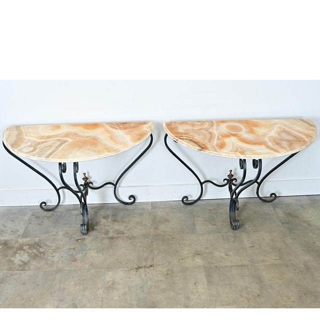 Early 20th Century French Pair of Onyx & Iron Demilune Consoles For Sale In Baton Rouge - Image 6 of 13