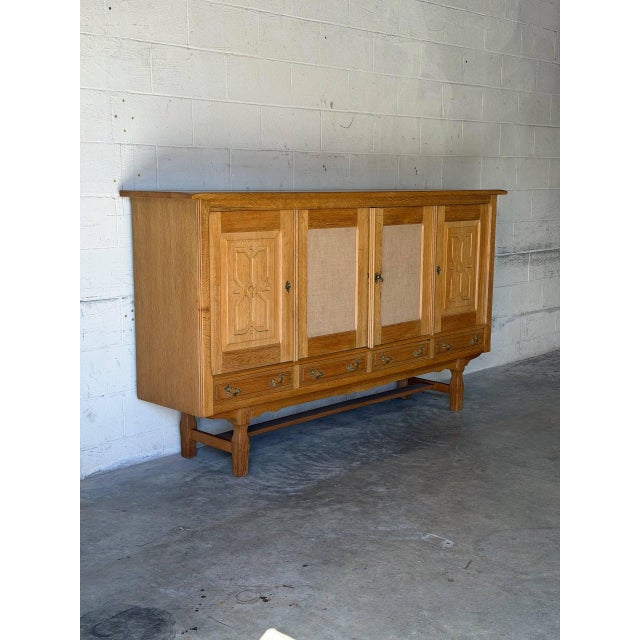 In Style of Henning Kjærnulf Oak Sideboard Credenza With Carved Doors and Four Drawers Danish Mid-Century Modern 1970s For Sale In Los Angeles - Image 6 of 12