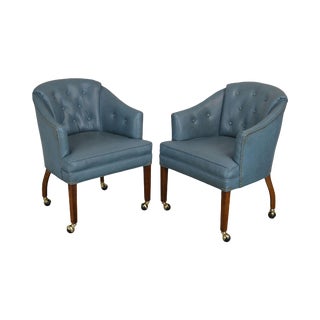 Blue Tufted Vinyl Vintage Pair Barrel Back Club Chairs For Sale