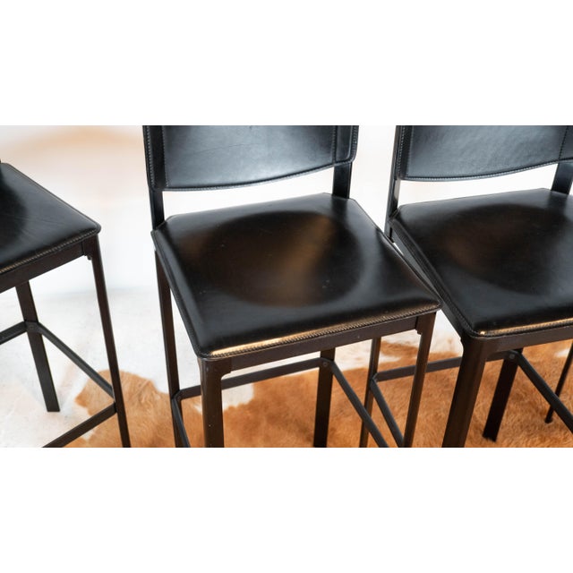 1980s Mid-Century Matteo Grassi Black Saddle Leather Sistina Bar Stools - Set of 4 For Sale - Image 10 of 14