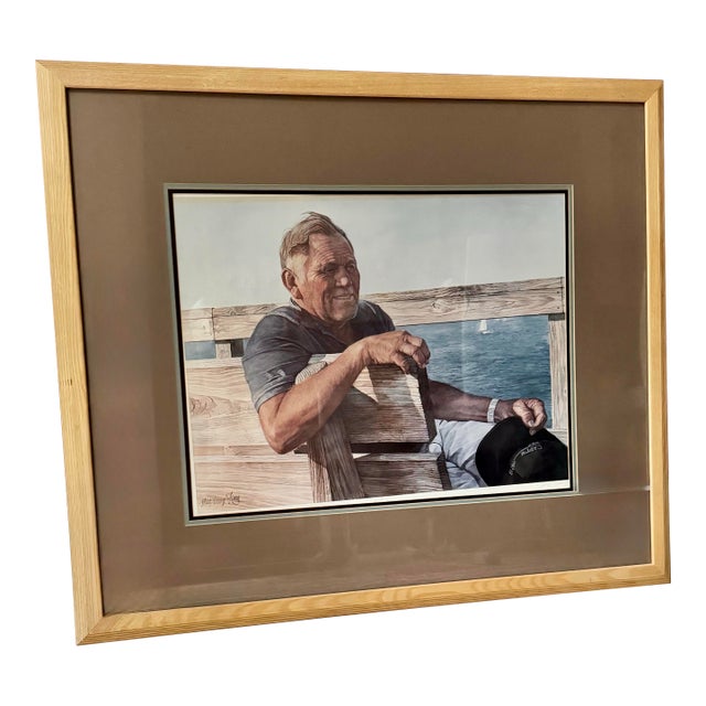 Framed and Matted Lithograph of a Fisherman by the Sea - "Capt’n" by Z.L.Feng For Sale