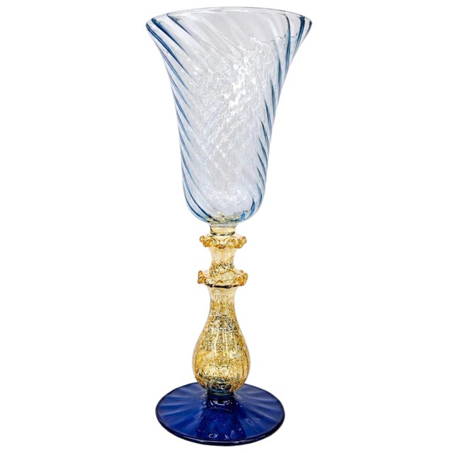 Mid-Century Modern Vintage Murano Venetian Glass Chalice Aventurine Gold Stem Cobalt Blue Goblet For Sale - Image 3 of 5