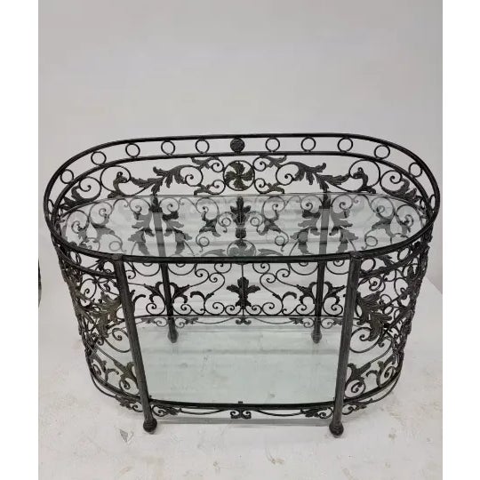Vintage Maitland Smith Wrought Forged Iron Oval Glass Top Sideboard/Console Table Gorgeous Black Ornate Wrought-Iron...