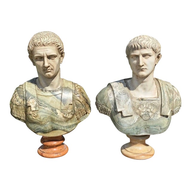 19th Century Italian Neoclassical Style Specimen Marble Busts of Caesars - Set of 2 For Sale