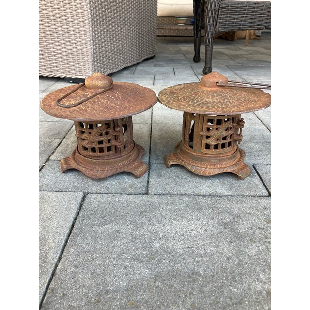 1940s Heavy Cast Iron Pagoda Hummingbird Lanterns - Set of 2 For Sale - Image 9 of 10