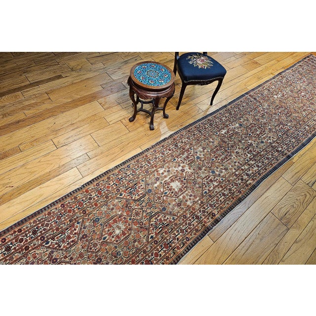 19th Century Antique Persian Serab Camel Hair Runner Rug, Hand-Knotted Wool, Geometric Pattern, Red & Green, 3x19 For Sale - Image 5 of 18
