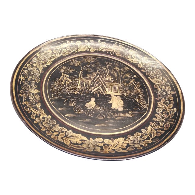 Vintage Asian Handpainted Wood Plate With Gold Accent.Scene For Sale