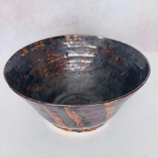 Ceramic Signed Studio Pottery Bowl | j.a. Ridley 2013 | Drip Glaze Stoneware | Bronze & Black Oil-Spot Glaze | Large Centerpiece Bowl For Sale - Image 7 of 12