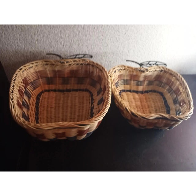 These are vintage handmade Apple Shaped 7" & 9" Nesting Bamboo Baskets Set of 2 Procured at auction