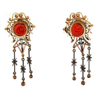 Mid 20th Century Pair of Victorian Coral Rose 14k Gold Dangle Screw Back Dangle Earrings For Sale