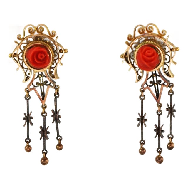 Mid 20th Century Pair of Victorian Coral Rose 14k Gold Dangle Screw Back Dangle Earrings For Sale