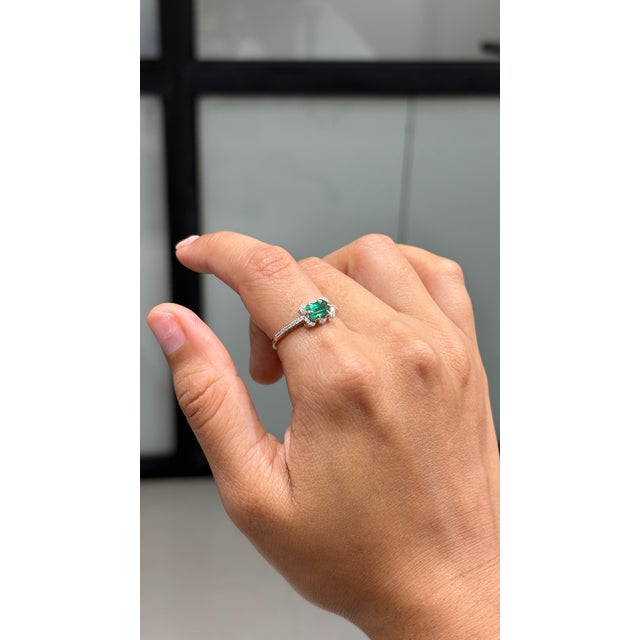 Art Deco Art Deco Zambian Emerald & Diamond Halo Ring Size 5.5 in 14k Yellow Gold For Sale - Image 3 of 17