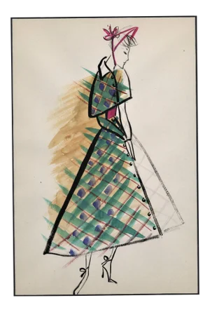 Matted 1940s French Daywear Fashion Drawing Featuring Plaid