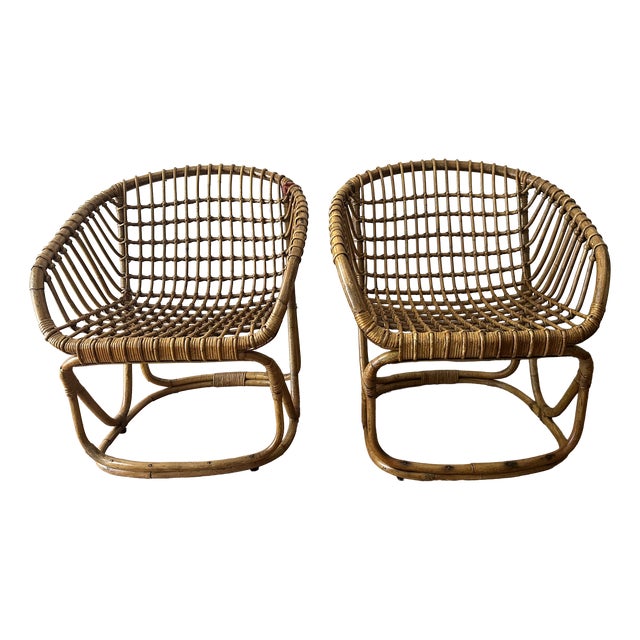 Rattan Armchairs attributed to Tito Agnoli, Italy, 1960s, Set of 2 For Sale