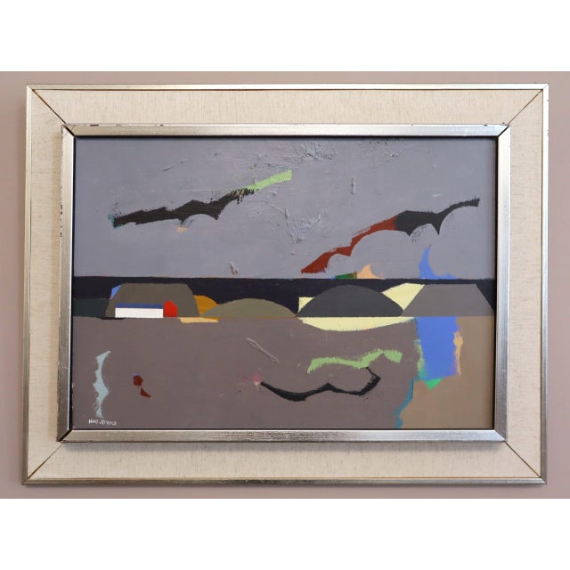 LANDSCAPE REMEMBERED Oil on board Size: 19.5 x 25.6 inches (including frame) A striking mid-century modernist abstract...