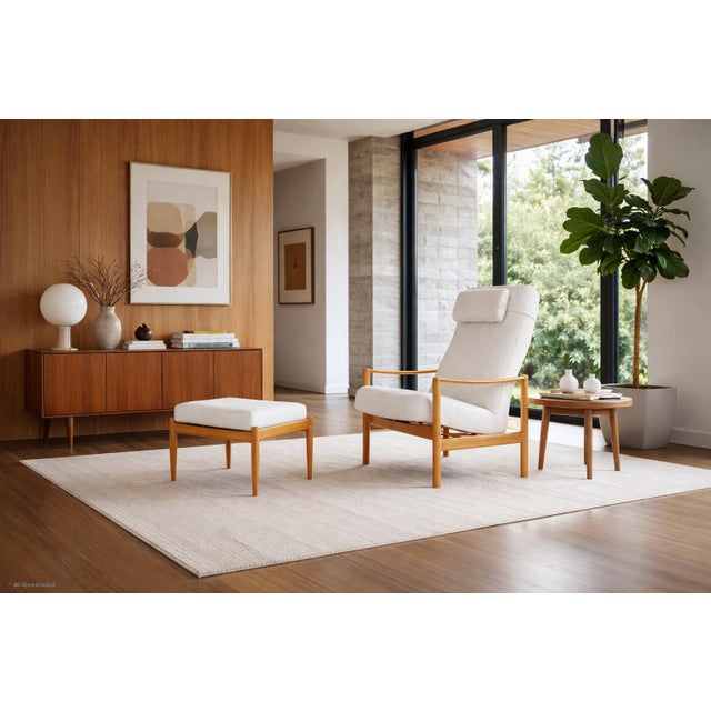 Experience the timeless elegance of Danish modern design with this exceptional reclining lounge chair and ottoman, crafted...