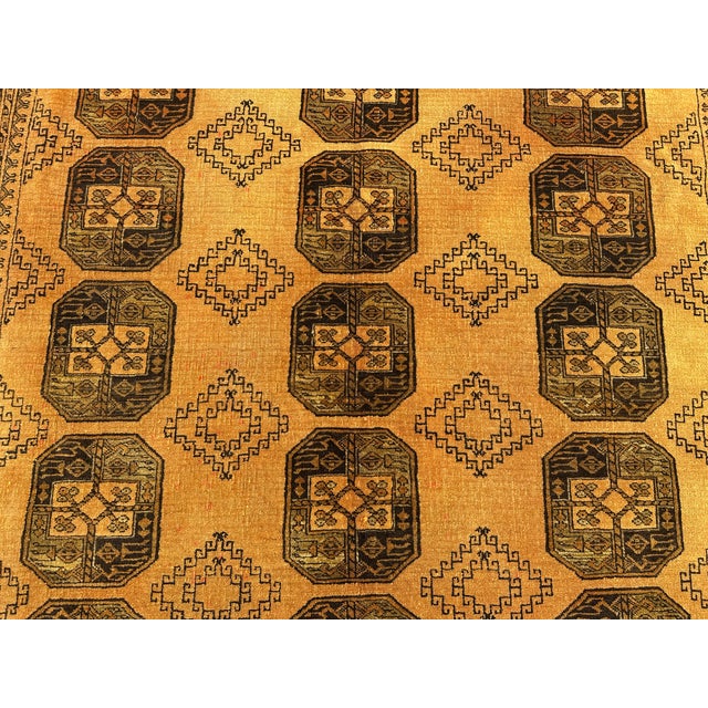 Vintage Afghan Turkoman Bokhara Rug – Tribal Geometric Wool Golden Living Room Carpet For Sale - Image 4 of 9