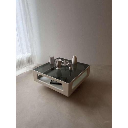 Space Age Coffee Table in White Smoked Glass and Wenge Wood, 1970s For Sale - Image 11 of 11