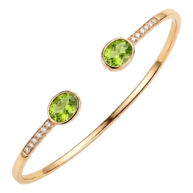 Peridot Cuff Silver Bracelet - August Birthstone Jewelry - Dainty Stackable Gemstone Open Bangle Bracelet For Sale