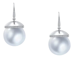 South Sea White Pearl Diamond Halo Pave 14 Karat White Gold Hook Drop Earrings, A Pair