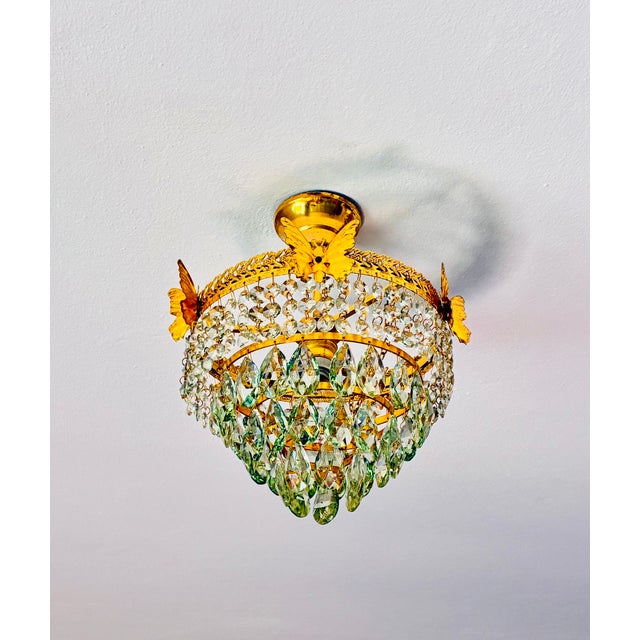 Vintage Brass Butterfly Flush Mount Light, Vintage Hand-Painted Light Green Crystal Basket Chandelier, Dramatic Radial Shadow Display For Sale - Image 14 of 15