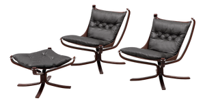 Vintage Falcon Chairs and Ottoman in Black Leather and Plywood by Sigurd Ressell for Vatne Møbler, 1970s, Set of 3