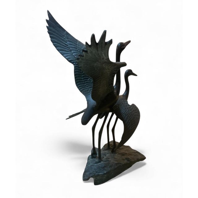 Mid-Century Modern Verdigris Bronze Crane & Heron Sculpture on Faux Stone Base For Sale - Image 4 of 10