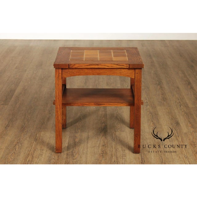 Mission Stickley Mission Collection Pair Of Oak Tile Top End Tables For Sale - Image 3 of 18