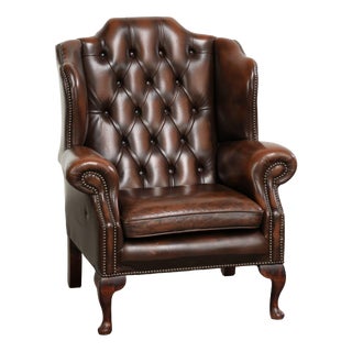 Chesterfield Wing Chair in Cowhide Leather For Sale
