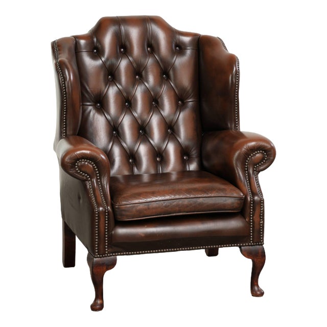 Chesterfield Wing Chair in Cowhide Leather For Sale