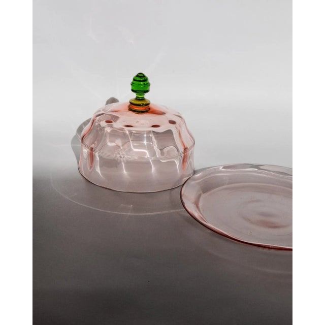 Vintage Glass Cloche Dish with Plate in Pink and Green Glass with Engraved Floral Decor, Italy, 1930s For Sale - Image 6 of 11