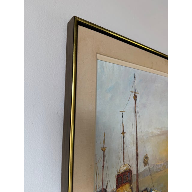 1970’s Vintage Yoli Sunset Harbor Scene Oil on Canvas Painting, Framed For Sale - Image 11 of 12
