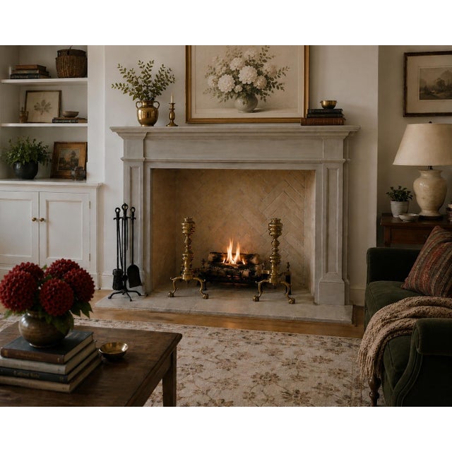 A handsome pair of Mid-Century brass fireplace andirons by The Harvin Co., featuring classic Federal styling with ball-...