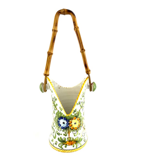 1960s Hand-Painted Italian Ceramic Vase With Bamboo Handle For Sale - Image 9 of 15