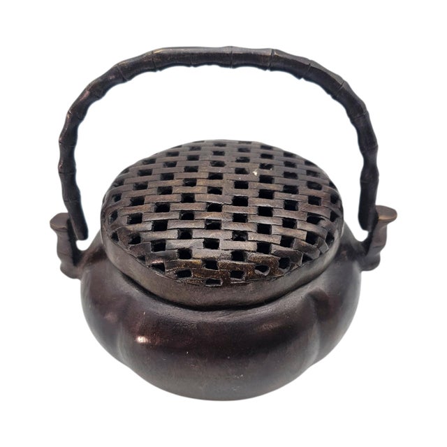Chinoiserie Antique Chinese Bronze Hand Censer Incense Burner With Bamboo Handle (4") For Sale - Image 3 of 17