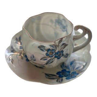 Late 1800’s Teacup & Saucer With Blue Florals, French Luneville Style Porcelain / Art Nouveau Style / Turn of the Century For Sale