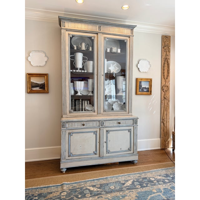 French Hand Carved Painted Buffet à Deux Corps Gorgeous—the carved details, weathered paint, fluted columns and rosette...