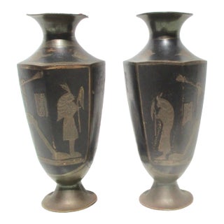 Antique Japanese Egyptian Revival Brass Vases - A Pair of 2 For Sale