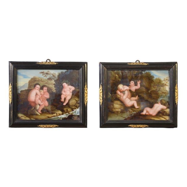 Unknown, Bacchanal of Cherubs and Satyrs, 1680, Oil & Glass, Set of 2 For Sale