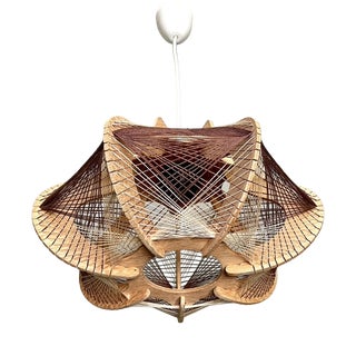 Scandinavian Pendant Light in Wood and Stretched Wire, 1970 For Sale