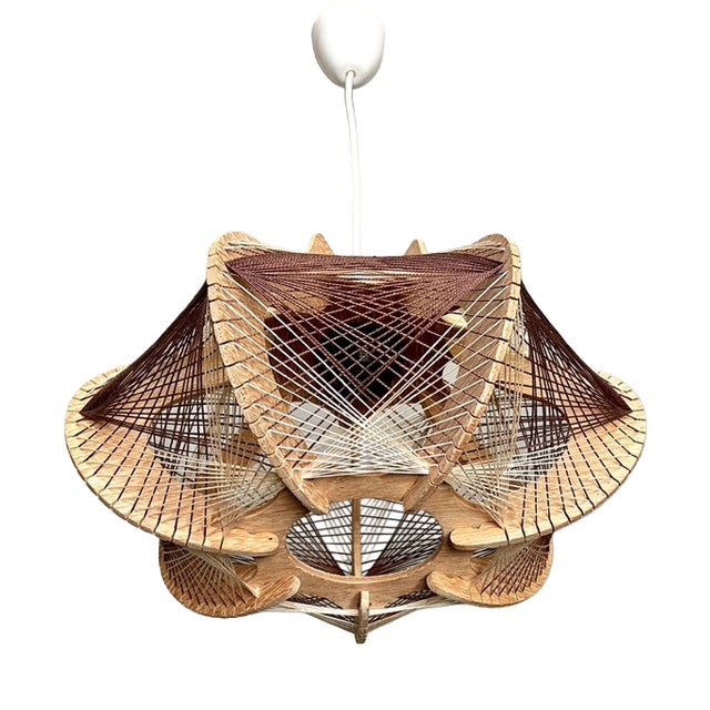 Scandinavian Pendant Light in Wood and Stretched Wire, 1970 For Sale