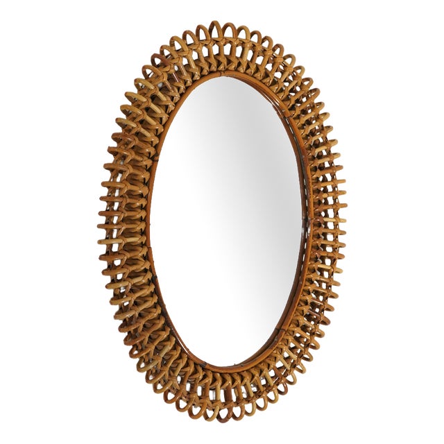 Wall Mirror with Rattan Frame, 1950s For Sale