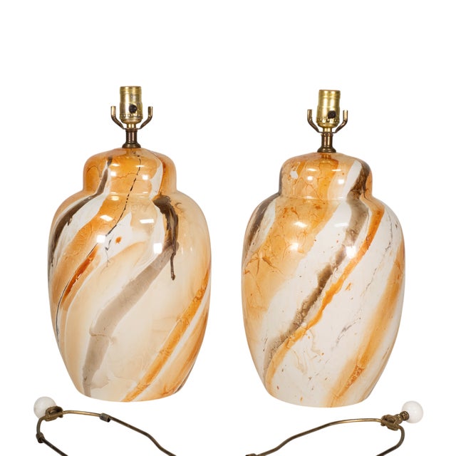 Vintage Morris Greenspan Marbled Glazed Drip Ceramic Table Lamps - Pair For Sale In Tampa - Image 6 of 17