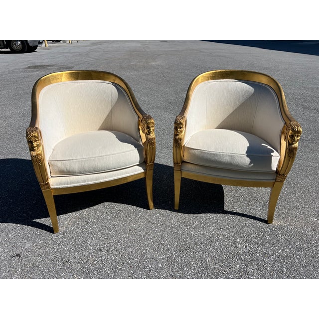 1950s Companion Pair Louis XVI Style Gold Gilt Upholstered Arm Chairs For Sale In West Palm - Image 6 of 17