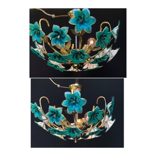 Pair Vintage 1980s Murano Glass Green Hand Painted Led Basket Ceiling Light Fixtures For Sale