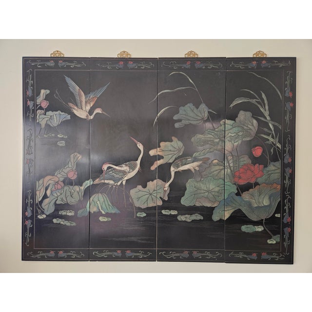 Early 20th Century Moody Coromandel of Cranes in Moonlight For Sale - Image 4 of 10