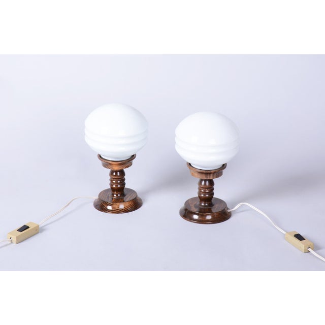 Art Deco Table Lamps in Beech and Opal Glass, Czech, 1930s, Set of 2 For Sale - Image 11 of 11